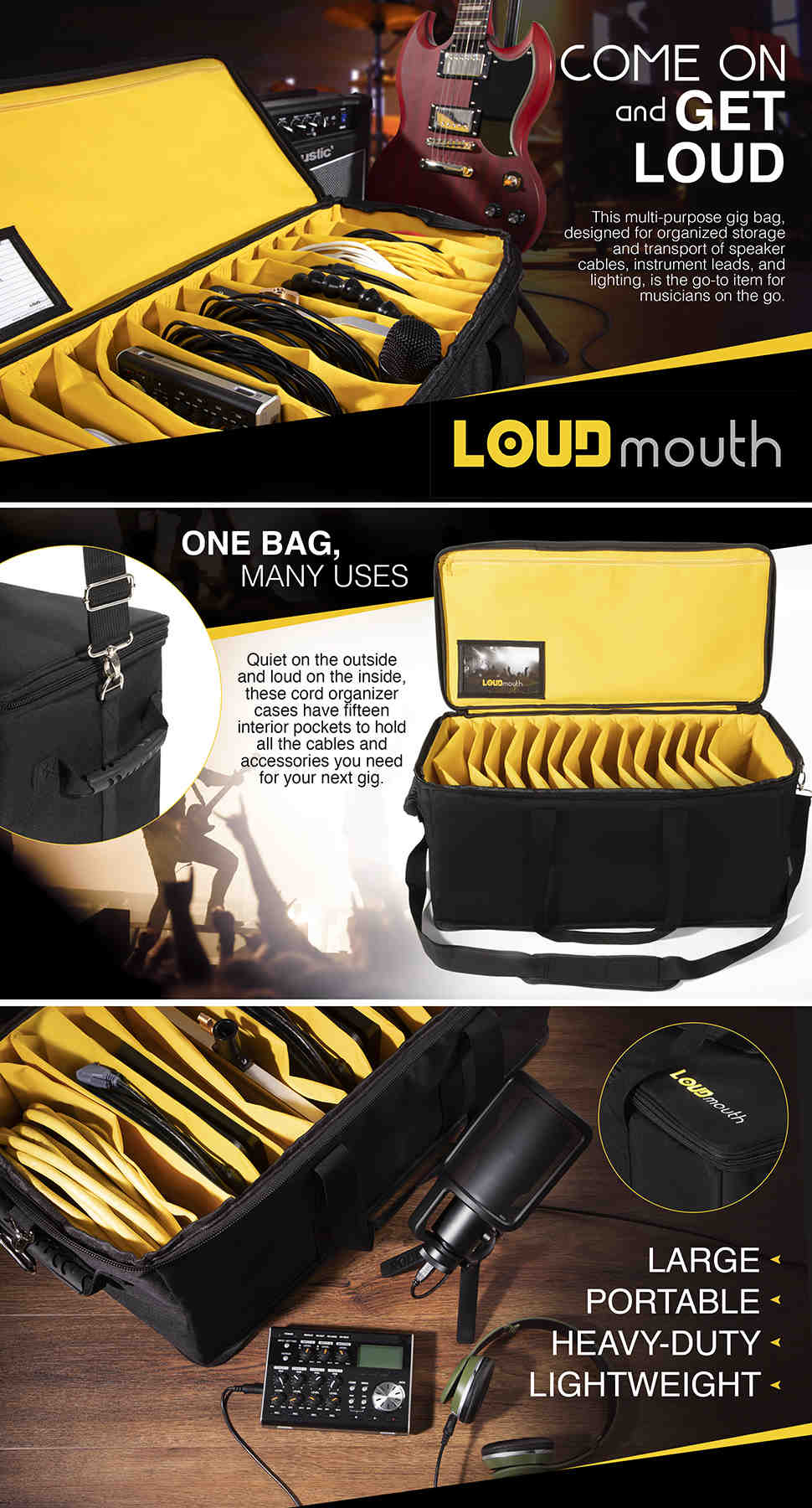Loudmouth Large Cable File Bag with Shoulder Strap - Durable Gig Bags for musicians - Cord Organizer Case with Handle - Professional DJ Gear Equipment